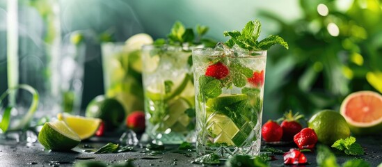 A close-up view of a glass of water filled with fresh limes and raspberries, showcasing the intricate flavors of a Mojito masterpiece. - obrazy, fototapety, plakaty