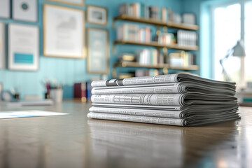 A stack of newspapers on a table in the interior. News press concept.