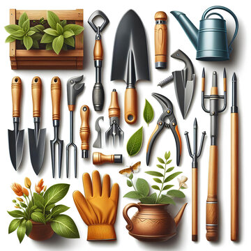 set of garden tools isolated on white background