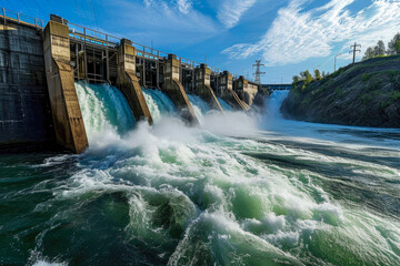 hydroelectric dam on a river with water flowing through the turbines - obrazy, fototapety, plakaty