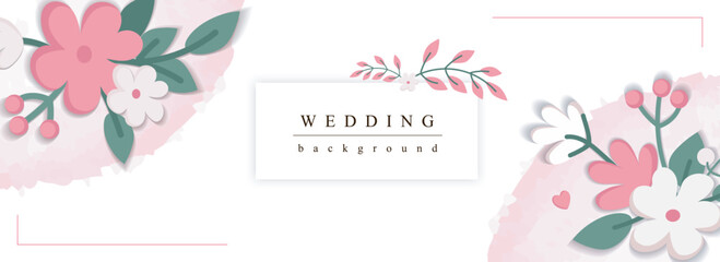 Wedding horizontal web banner. Romantic marriage party invitation with abstract pink and white blooming flowers with leaves. Vector illustration for header website, cover templates in modern design