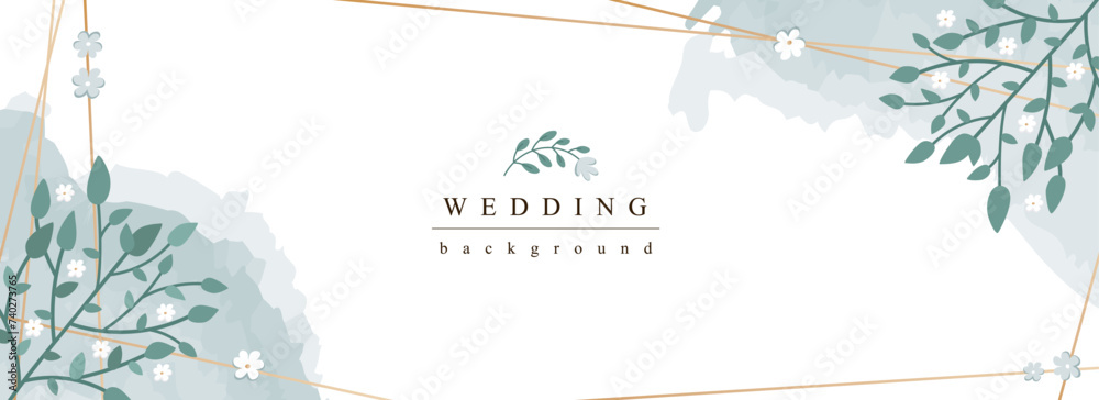 Poster wedding horizontal web banner. elegant marriage invitation with abstract white flowers with green le