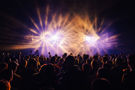 Silhouettes of people dancing on open air electro music festival at night.