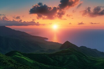 Fototapeta na wymiar Sunset over green mountain with atlantic ocean,