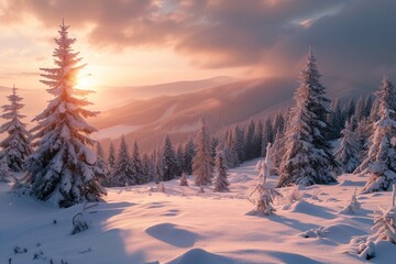 Sunrise in woodland. Untouched winter landscape. Stunning morning view of Carpathian valleys with snow covered fir trees. Calm outdoor scene of mountain forest. Christmas postcard