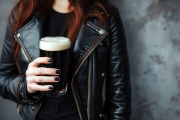 Close-up of Woman Holding Dark Beer - obrazy, fototapety, plakaty