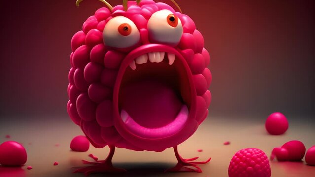 Pink Raspberry With Mouth Open and Eyes Wide Open Generative AI