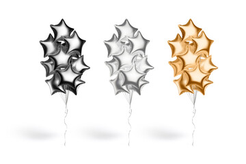 Blank black, gold and silver star balloon bouquet mockup, isolated