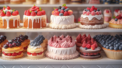 Different cakes with fruitts in the cafe, sweets - obrazy, fototapety, plakaty