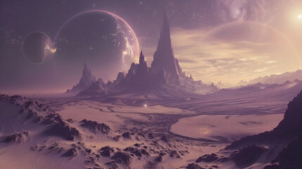Photo of a computer generated image of an alien landscape,A magical portal on the surface of an alien planet in a purple glow 3d illustration
