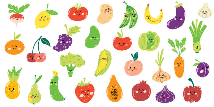 Set of hand drawn cute fruits and vegetables in kawaii style. Healthy fresh food full of vitamins, funny kids characters