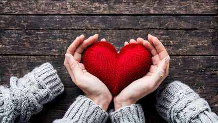 Red knitted heart in female hands as a winter charity concept