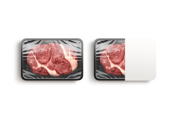Blank transparent plastic beef tray with white label mockup, isolated