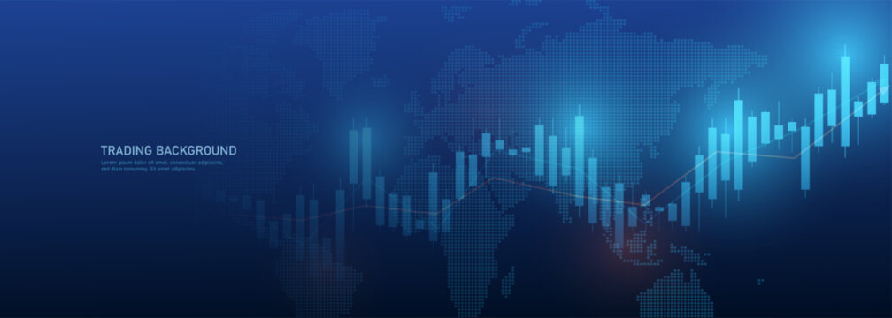 A business candle chart on a blue background with a global world map. The schedule of investment trading on the stock market. A business market chart. Vector EPS 10.