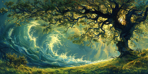 surreal nature with water waves and old tree