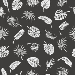 Vector Seamless Pattern with Tropical Leaf Silhouettes. Flat Vector Black and White Cutout Style Monstera, Ficus, Banana Leaf, Dracaena, Sabal Palm Leaves, Isolated