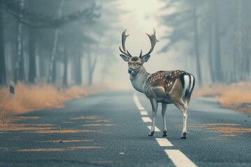 Wild animal on asphalt road in foggy morning, dangerous situation for driver on the road. Deer crossing car road near forest - obrazy, fototapety, plakaty