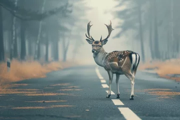  Wild animal on asphalt road in foggy morning, dangerous situation for driver on the road. Deer crossing car road near forest © sania