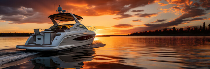 A luxury yacht cruises on tranquil waters against the backdrop of a stunning sunset. - obrazy, fototapety, plakaty