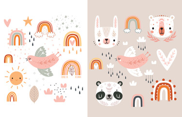 Cute Boho collection with graphic elements for your design - rainbow, heart, bird, bunny, bear.
