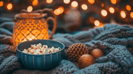 Cozy evening at home with popcorn, knit sweater, and warm ambient light for relaxation and comfort.