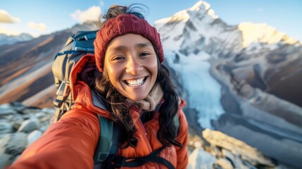 Fototapeta na wymiar Smiling Trekker Taking Selfie With Mount Everest in the Background