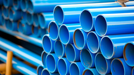 Close up of a stack of Industrial PVC blue pipes. Plastic water pipes at warehouse.