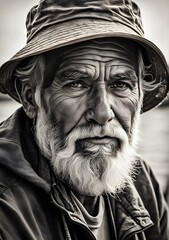 Weathered Wisdom: Portrait of a Seasoned Fisherman with Piercing Gaze