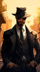 Illustrated gangster, illustration of a mafia boss, cool gangster with suit and haz