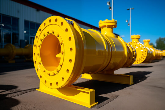 Group of yellow pipes. Natural gas treatment plant in bright sunny summer day.