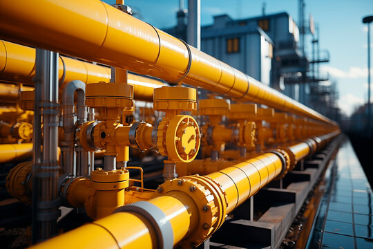 Group of yellow pipes. Natural gas treatment plant in bright sunny summer day.