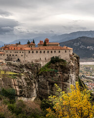 Fototapeta premium Panoramic view to Meteora Monasteries near Kalambaka village Thessaly Greece pilgrimage tourism