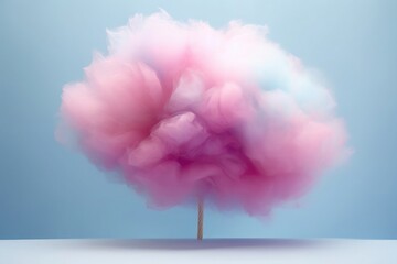 A dreamy pink cotton candy puff on a serene blue background, resembling a whimsical cloud in a clear sky.