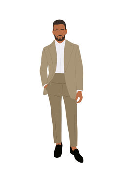 recommend clip art: Businessman character in formal or black tie outfit. Stylish handsome guy wearing beige tuxedo for formal event, wedding, celebration. Vector realistic illustration isolated on white background.