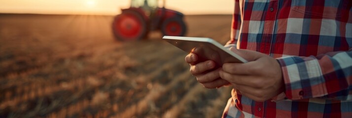Farmer using tablet in field, tractor and farm in blurred background, copy space available - obrazy, fototapety, plakaty