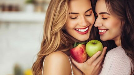 Loving lesbian couple in white kitchen at home, sharing joy and romantic moments in happiness.