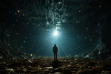 Confident man stands alone in center of dark cave, surrounded by shadows and stalactites