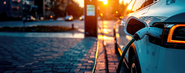 Sunset view of an electric car charging at a street-side station with warm sunlight flaring in the background. - obrazy, fototapety, plakaty