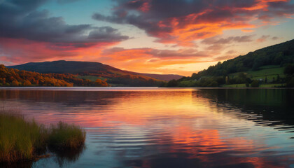 Stunning sunset over calm lake, vibrant colors reflecting on water's surface