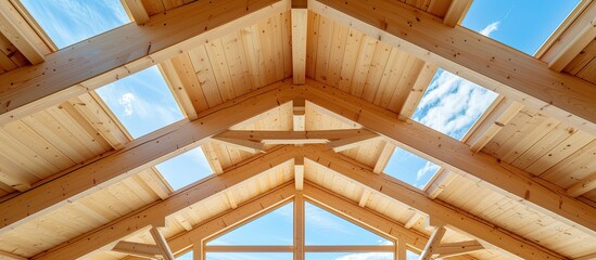 This photo captures the intricate design of a wooden roof structure, showcasing laminated timber rafters and the overall construction of the building.