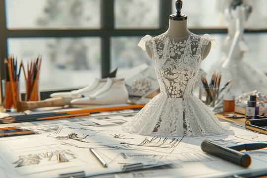 Generative AI image of fashion designer haute couture table with set of pencils and various sketches on paper with white dress on miniature mannequin