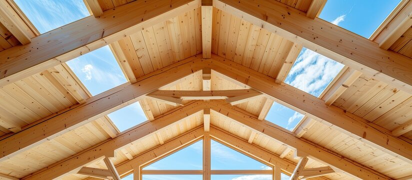 This photo captures the intricate design of a wooden roof structure, showcasing laminated timber rafters and the overall construction of the building.