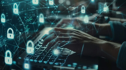 A pair of hands is typing on a laptop keyboard overlayed with graphics of digital locks, symbolizing cybersecurity and data protection.
