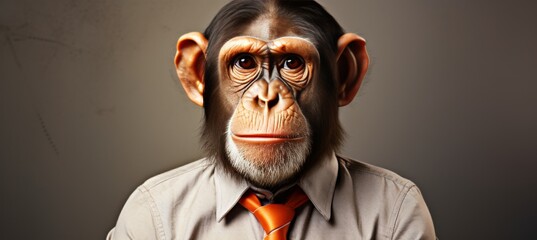 Monkey in business suit, corporate setting, studio shot with copy space, anthropomorphic concept - obrazy, fototapety, plakaty