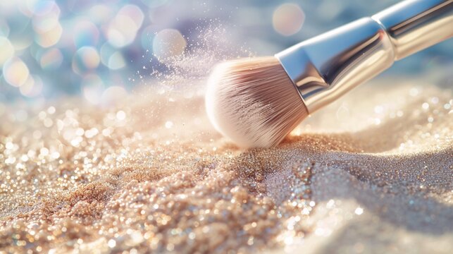 Pinceau blush avec poudre dor&eacute;e de maquillage scintillante &raquo; IA g&eacute;n&eacute;rative
