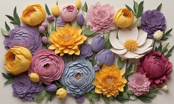 Flowers such as tulips, lilac, and lavender made with origami and colored paper. Beautiful flower collage on white background. background. Spring flower.