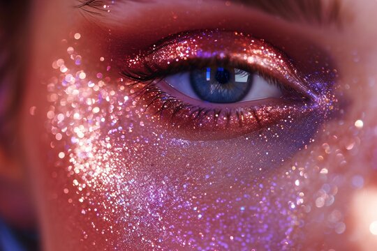 Gros plan sur un oeil bleu avec du maquillage à paillettes rose » IA générative