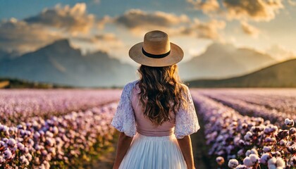 Donna di spalle cammina in un vasto campo con fiori - obrazy, fototapety, plakaty