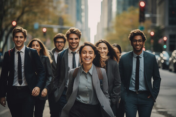 Cheerful group of young adult people wearing business suits laughing walking on downtown city street after getting off work