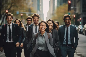 Foto op Plexiglas Cheerful group of young adult people wearing business suits laughing walking on downtown city street after getting off work © Antonio Diaz